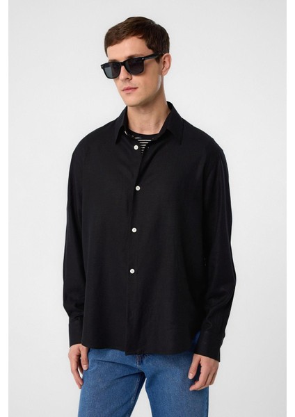 Siyah Relax Fit Keten Karışımlı Erkek Gömlek