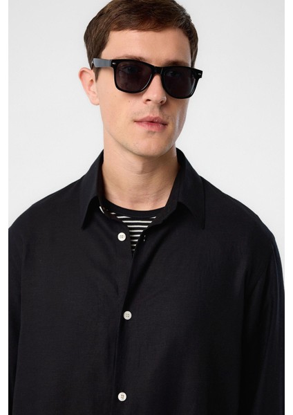 Siyah Relax Fit Keten Karışımlı Erkek Gömlek modelleri