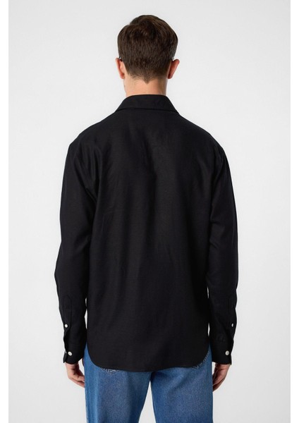 Siyah Relax Fit Keten Karışımlı Erkek Gömlek fırsatları