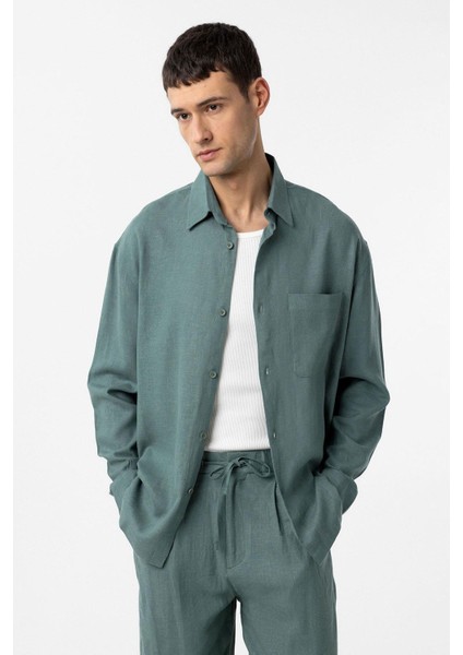 Yeşil Keten Karışımlı Relax Fit Erkek Gömlek