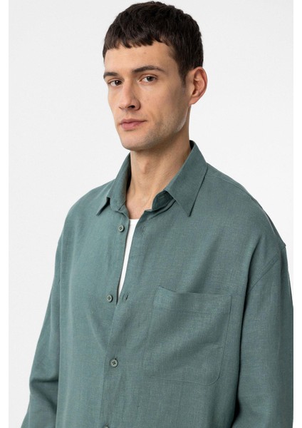 Yeşil Keten Karışımlı Relax Fit Erkek Gömlek fırsatları
