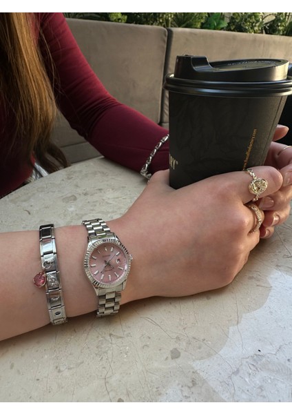Çelik Gümüş Pembe Kadran Pinterest Kadın Kol Saati