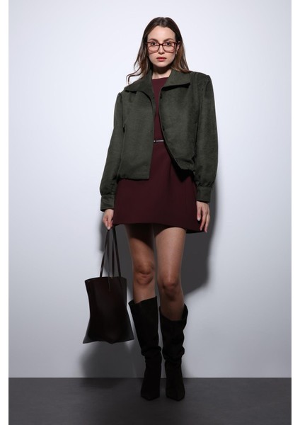 Haki Süet Görünümlü Bomber Kadın Ceket