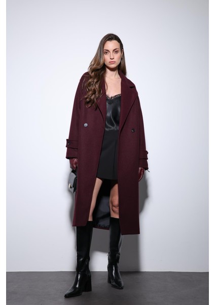 Bordo Kadın Yumuşak Dokulu Oversize Kruvaze Kaban
