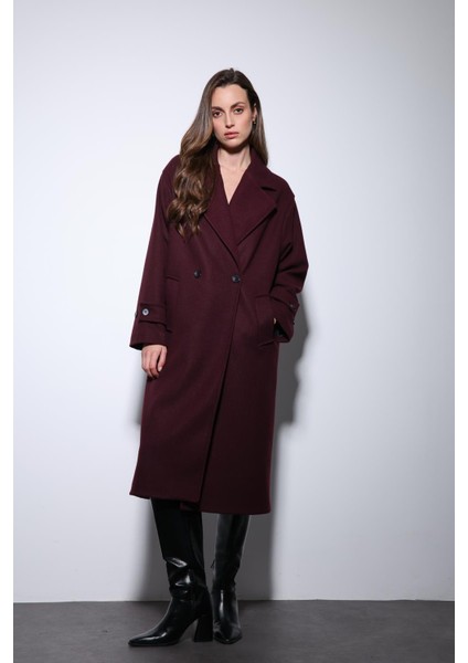 Bordo Kadın Yumuşak Dokulu Oversize Kruvaze Kaban