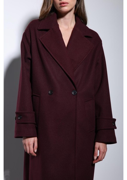 Bordo Kadın Yumuşak Dokulu Oversize Kruvaze Kaban