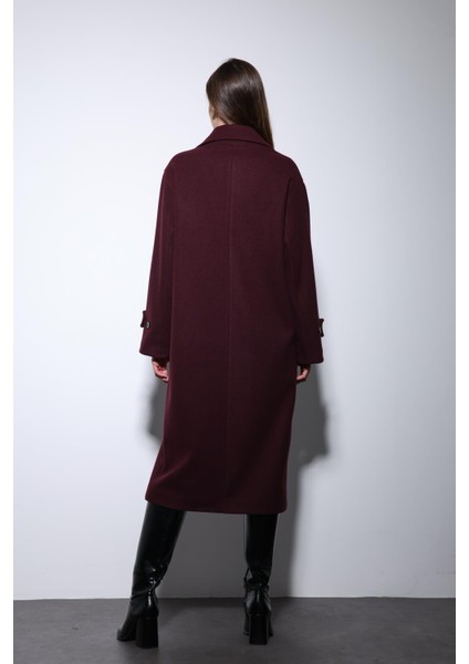 Bordo Kadın Yumuşak Dokulu Oversize Kruvaze Kaban
