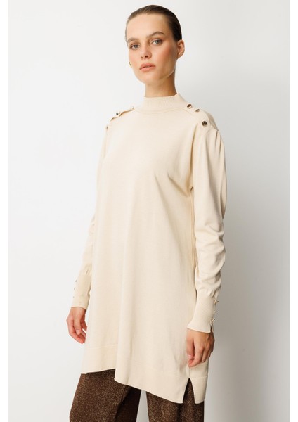 Omzu Düğme Detaylı Triko Tunik-TAŞ