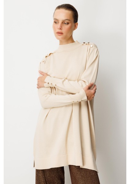 Omzu Düğme Detaylı Triko Tunik-TAŞ indirimleri