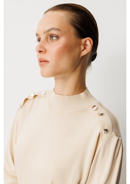 Omzu Düğme Detaylı Triko Tunik-TAŞ