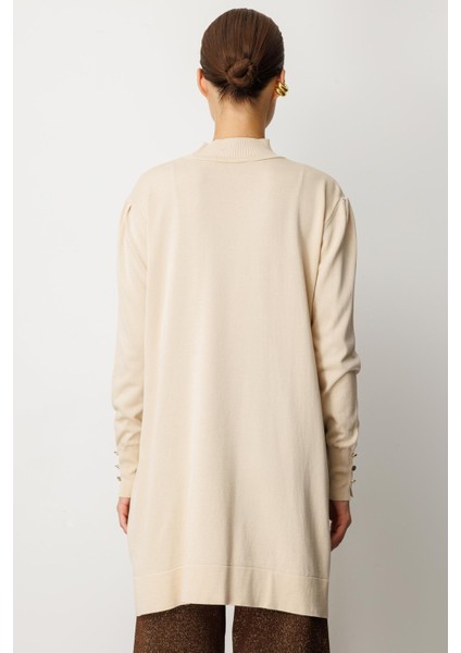 Omzu Düğme Detaylı Triko Tunik-TAŞ