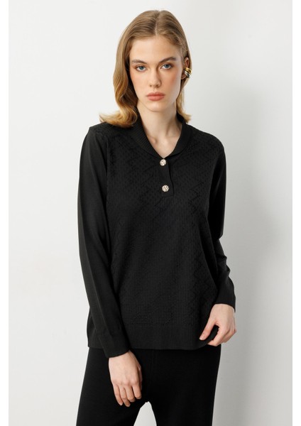 Büyük Beden Düğme Detaylı Triko Kazak-SİYAH