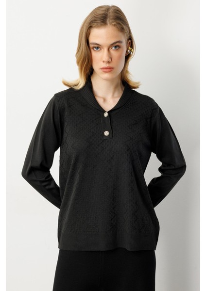 Büyük Beden Düğme Detaylı Triko Kazak-SİYAH fiyatları