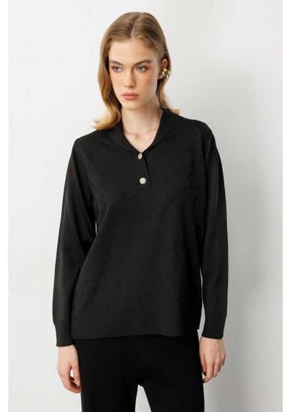 Büyük Beden Düğme Detaylı Triko Kazak-SİYAH modelleri