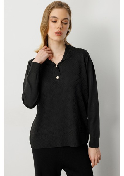 Büyük Beden Düğme Detaylı Triko Kazak-SİYAH fırsatları