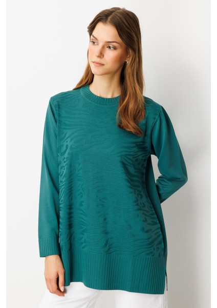 Kendinden Desenli Triko Tunik-Zümrüt