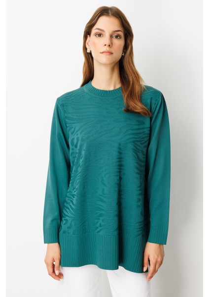 Kendinden Desenli Triko Tunik-Zümrüt