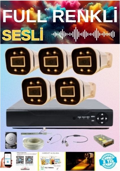 Gerçek 5 Mp 5 Kameralı Gece Renkli Sesli 4 Tb HDD Dahil Ahd Güvenlik Seti - ST400055