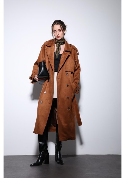 Taba Kruvaze Süet Görünümlü Premium Kadın Trençkot