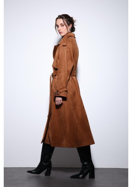 Taba Kruvaze Süet Görünümlü Premium Kadın Trençkot