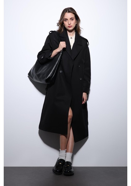 Siyah Kruvaze Kemerli Kadın Trençkot fiyatları