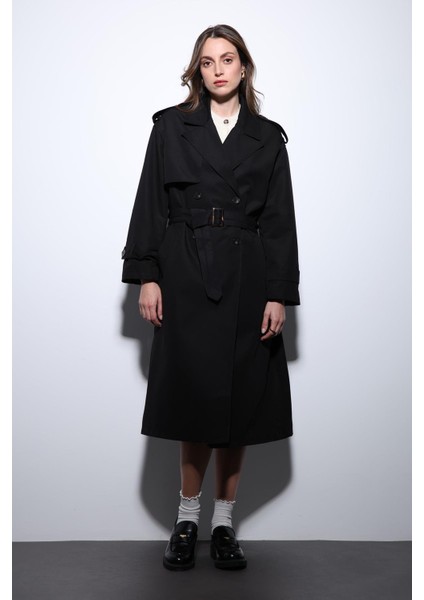 Siyah Kruvaze Kemerli Kadın Trençkot modelleri