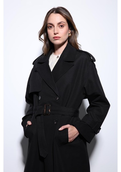 Siyah Kruvaze Kemerli Kadın Trençkot fırsatları