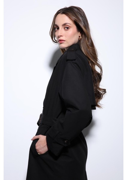 Siyah Kruvaze Kemerli Kadın Trençkot indirimleri