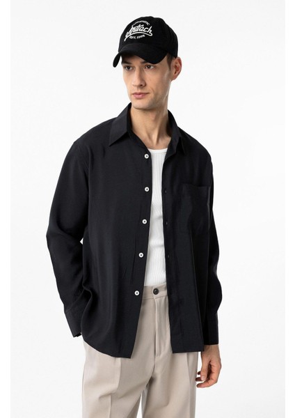 Siyah Modal Kumaş Relax Fit Erkek Gömlek