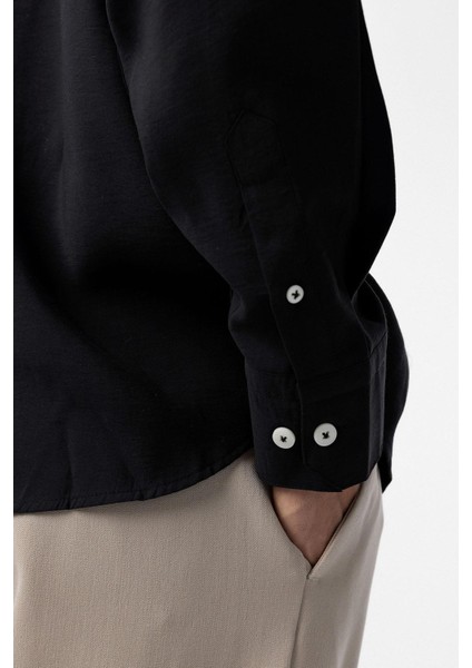 Siyah Modal Kumaş Relax Fit Erkek Gömlek fırsatları