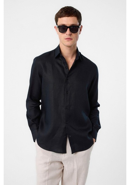 Siyah 100% Keten Comfort Fit Erkek Gömlek
