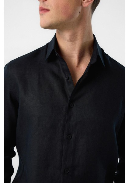 Siyah 100% Keten Comfort Fit Erkek Gömlek modelleri