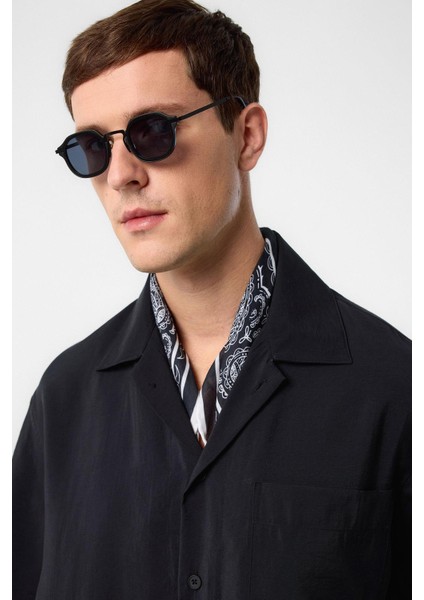 Siyah Apaş Yaka Modal Kumaş Erkek Gömlek fırsatları