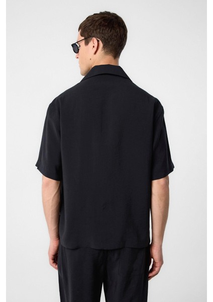 Siyah Apaş Yaka Modal Kumaş Erkek Gömlek indirimleri