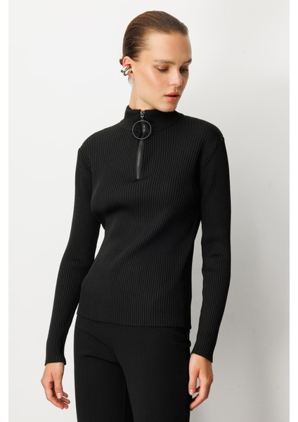 Fermuar Yaka Yarım Balıkçı Triko Kazak-Siyah