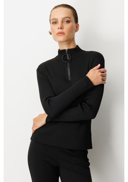 Fermuar Yaka Yarım Balıkçı Triko Kazak-Siyah fiyatları