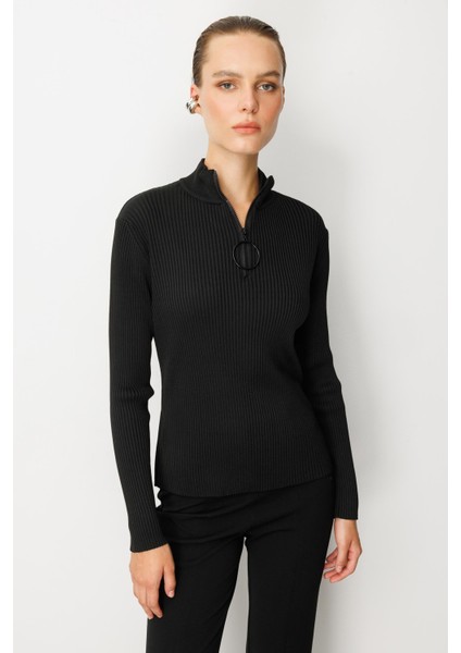 Fermuar Yaka Yarım Balıkçı Triko Kazak-Siyah modelleri