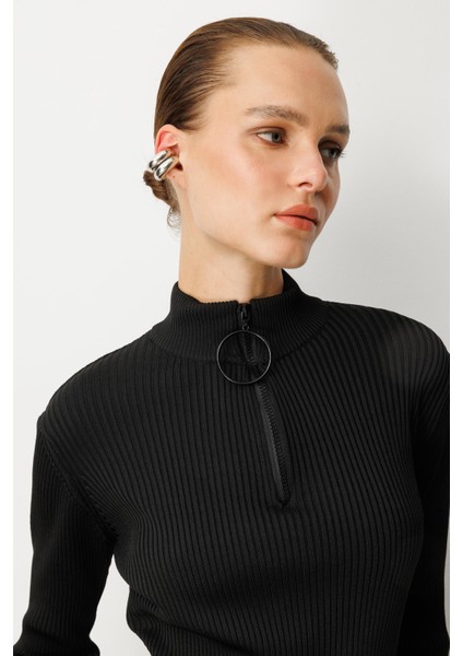 Fermuar Yaka Yarım Balıkçı Triko Kazak-Siyah indirimleri