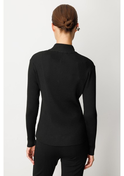 Fermuar Yaka Yarım Balıkçı Triko Kazak-Siyah