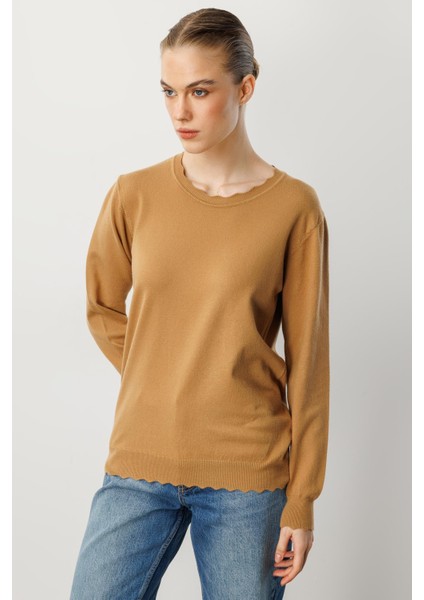 Yuvarlak Yaka Angora Triko Kazak-Camel
