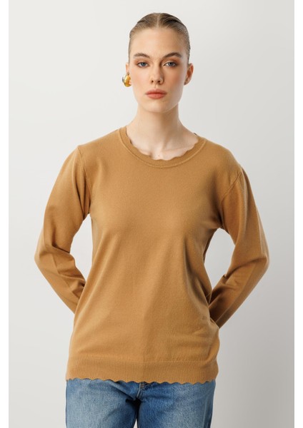 Yuvarlak Yaka Angora Triko Kazak-Camel fiyatları