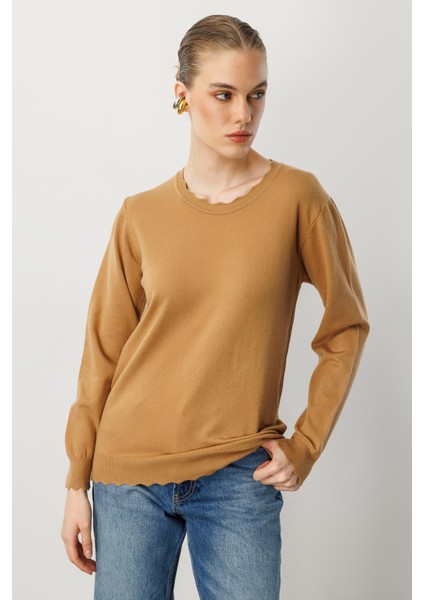 Yuvarlak Yaka Angora Triko Kazak-Camel modelleri