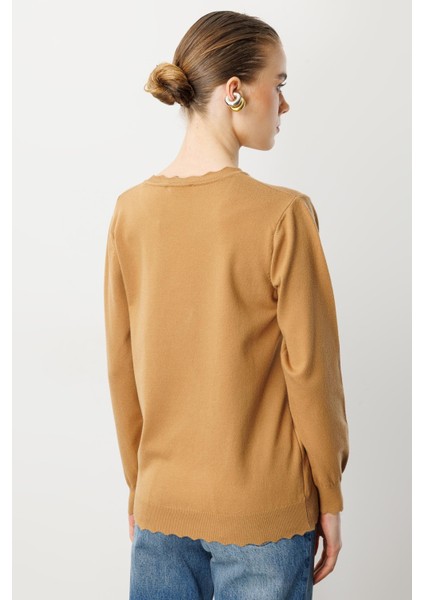 Yuvarlak Yaka Angora Triko Kazak-Camel indirimleri