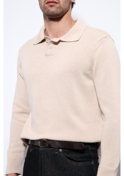 Bej Polo Yaka Basic Erkek Kazak indirimleri