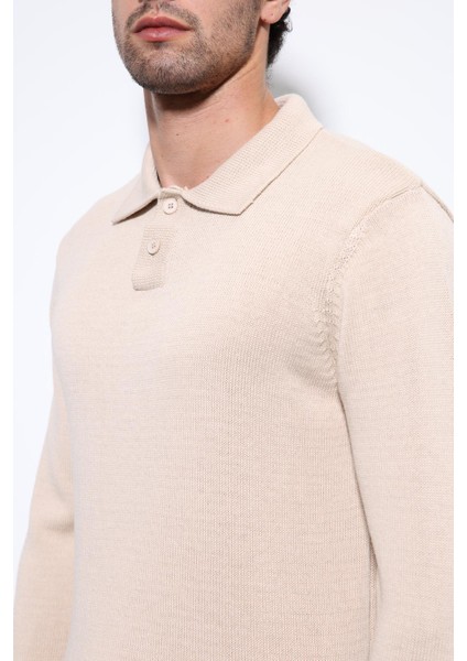 Bej Polo Yaka Basic Erkek Kazak