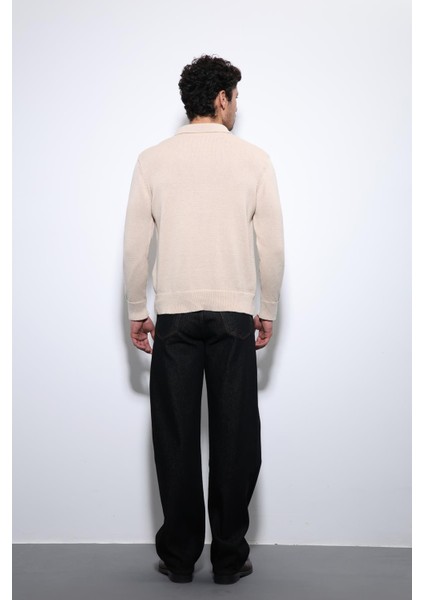 Bej Polo Yaka Basic Erkek Kazak