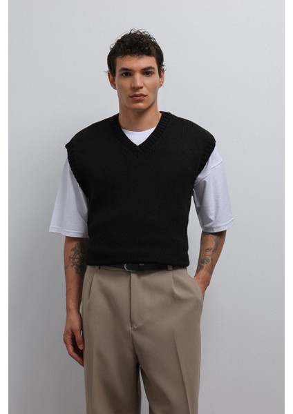 Siyah Örgü Erkek Triko Yelek