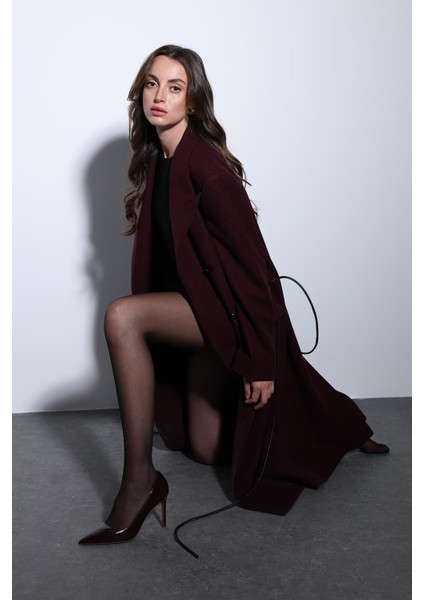 Bordo Kemerli Kruvaze Kadın Kaban