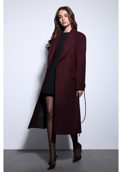 Bordo Kemerli Kruvaze Kadın Kaban fiyatları