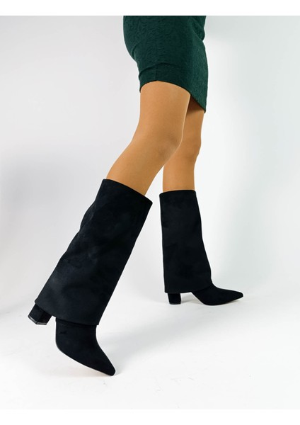 Süet Siyah Renk Sivri Burun Kalın Topuk Kadın Çizme